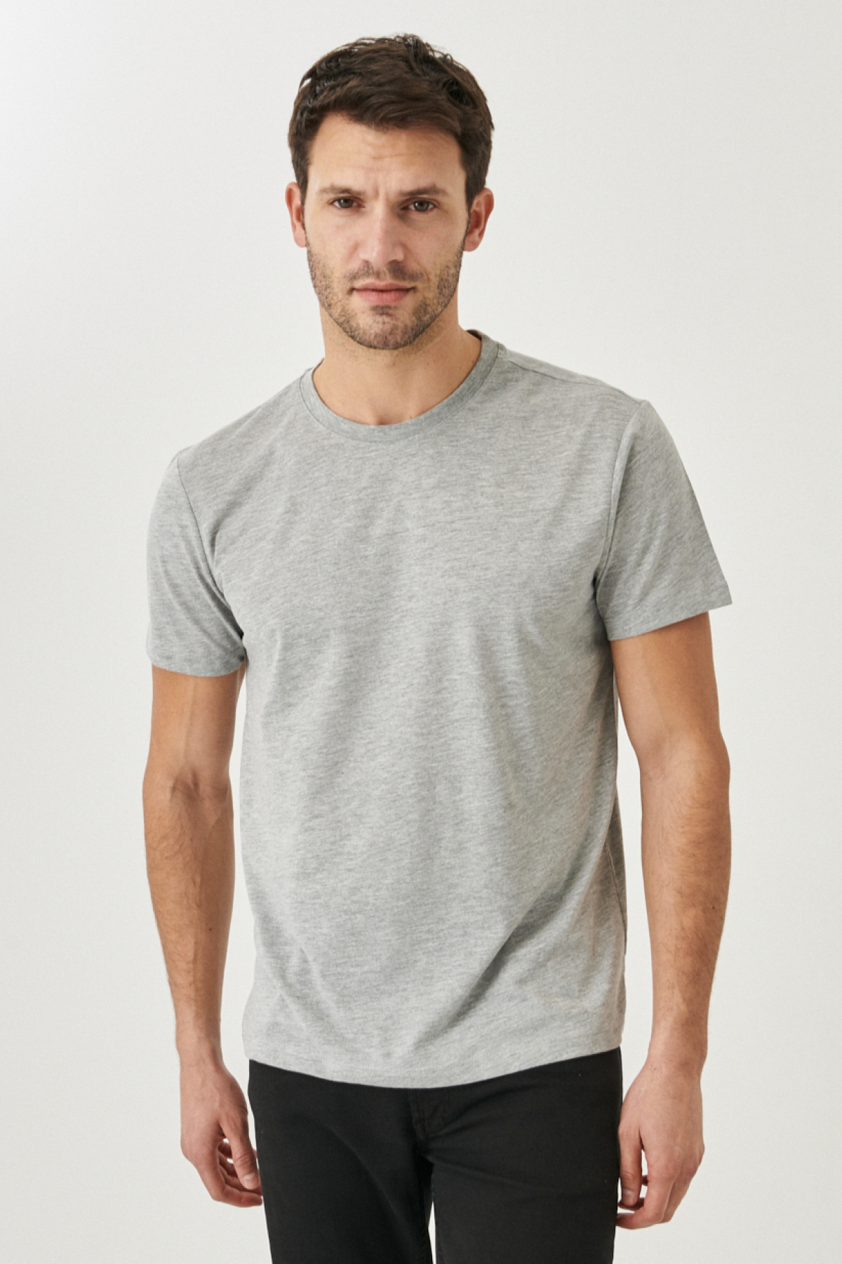 AC&Co / Altınyıldız Classics Erkek/unisex Gri Melanj Pamuklu Slim Fit Dar Kesim Bisiklet Yaka Basic Tişört görsel 6