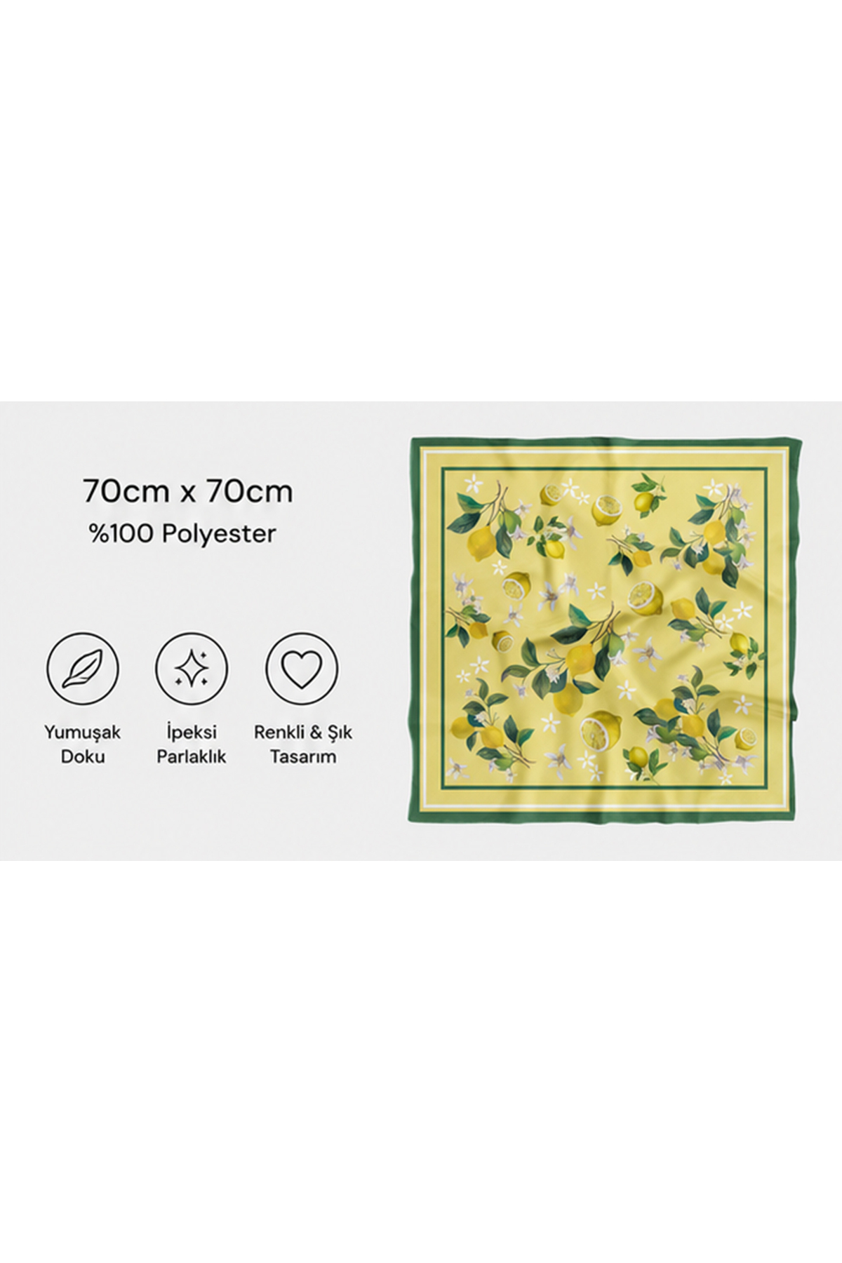 DSCARF Kadın Sarı Limon Desenli Saten Fular 70x70 - Kiraz Desenli Bele ve Omza Bağlamalı Meyveli Aksesuar görsel 5