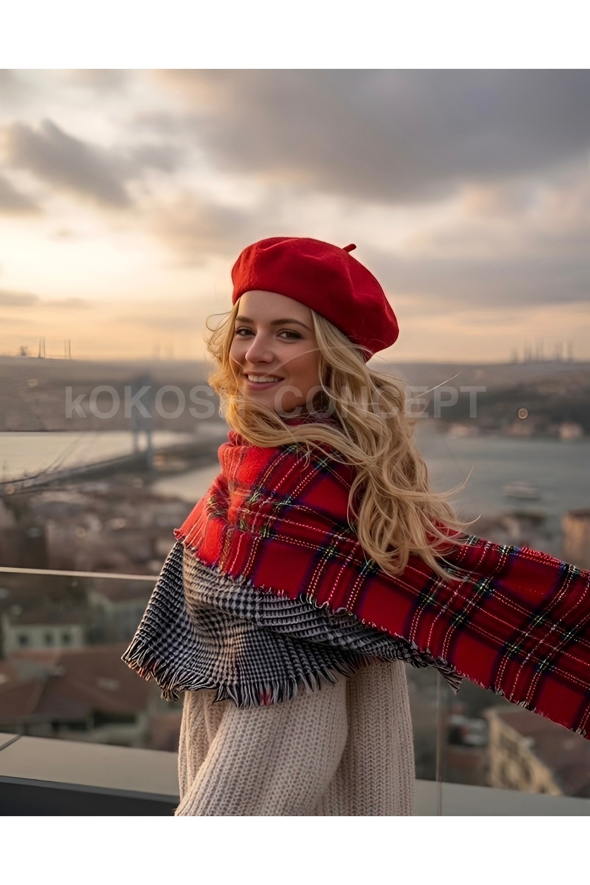 la_hatun Ekose Luxury Çift Taraflı Omuz Şalı İle Fransız Ressam Şapka Takımı görsel 3