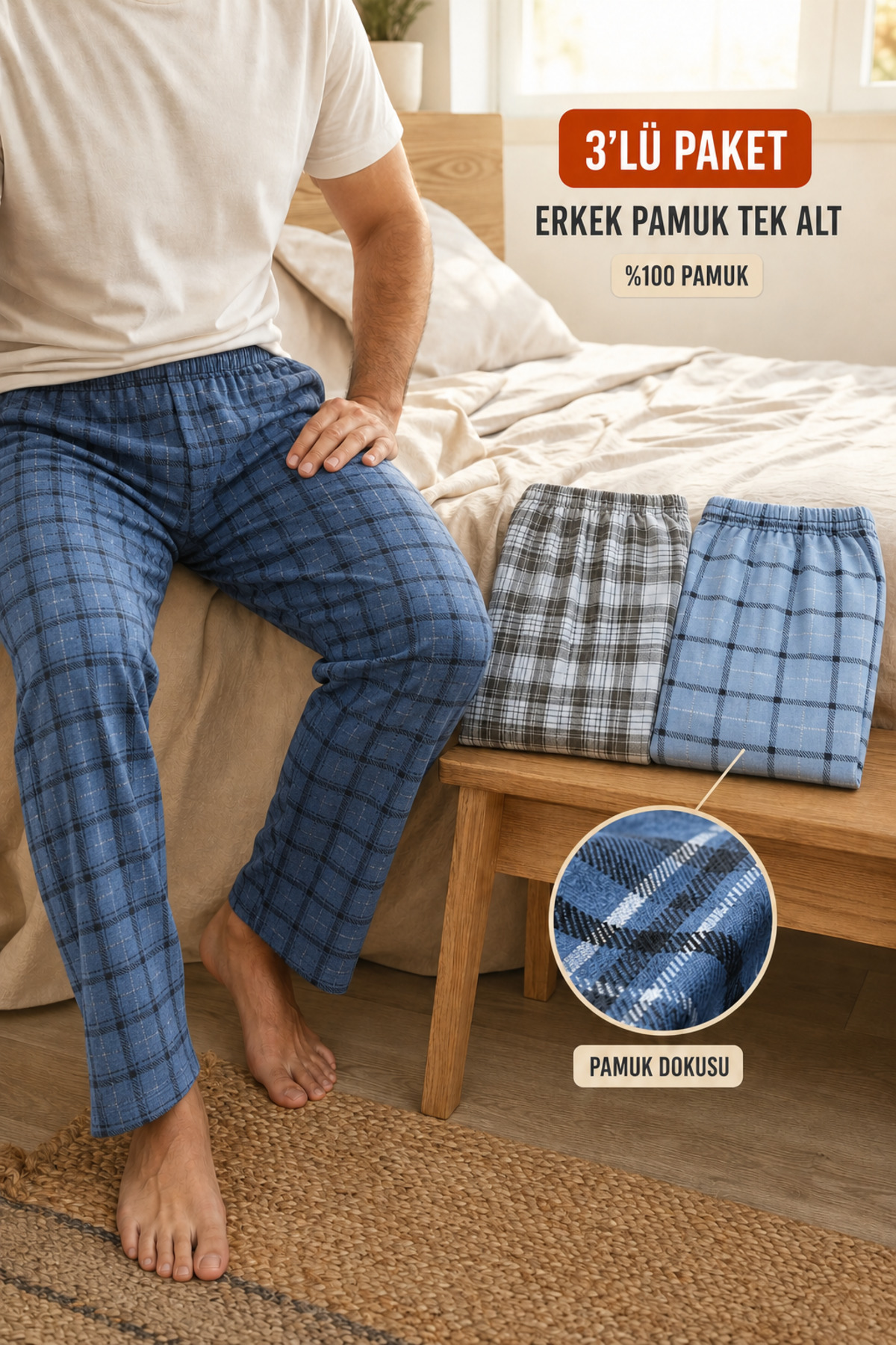 Nova Fuşya Lingerie Erkek 3'lü Paket %100 Pamuk Renkli Rahat Gecelik Pijama Altı görsel 3