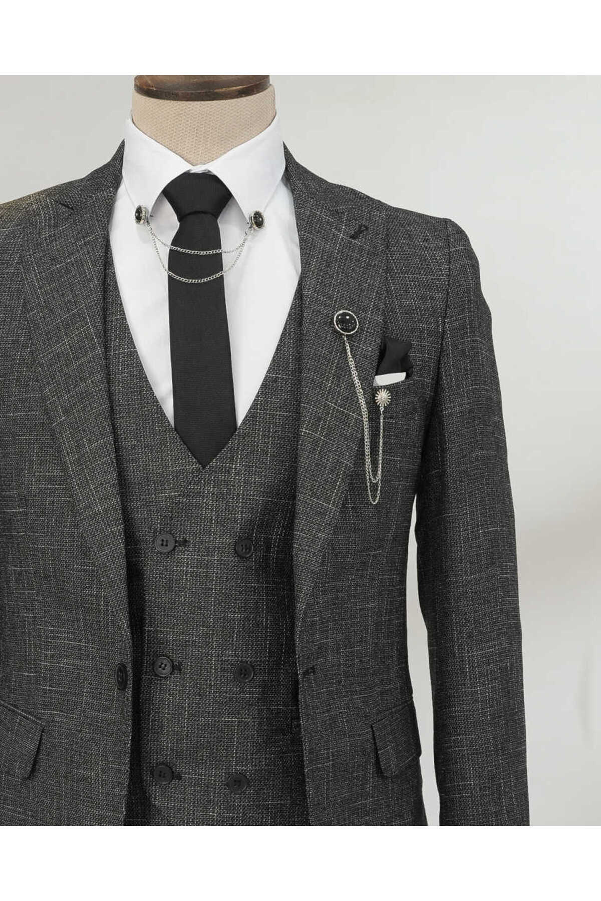 Sivri Yaka Siyah Yelekli Kırçıllı Takım Elbise Storm- Slim Fit — رنگارنگ ST00694-Siyah — تصویر 3 از 4