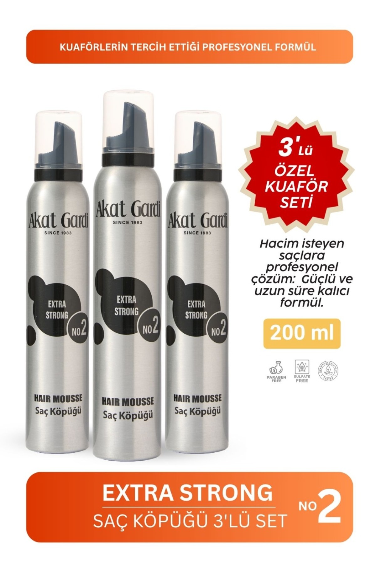 Akat Gardi Saç Köpüğü Extra Strong Gri 200Ml.3'Lü Özel Set — SAÇKPKGRİSET