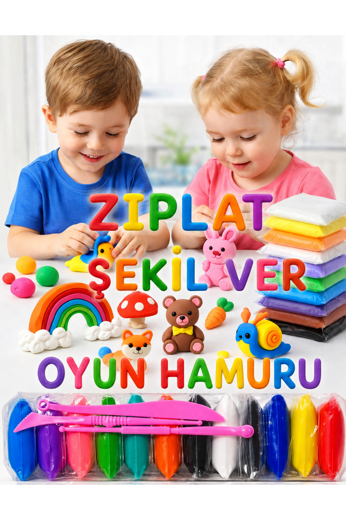 Modellino 12 Renk Ufen Air-Dry Anaokulu Oyuncağı Zıplayan Oyun Hamuru Havayla Kuruyan Yumuşak Kil Elleri Kirletmeyen Kendin Yap Seti