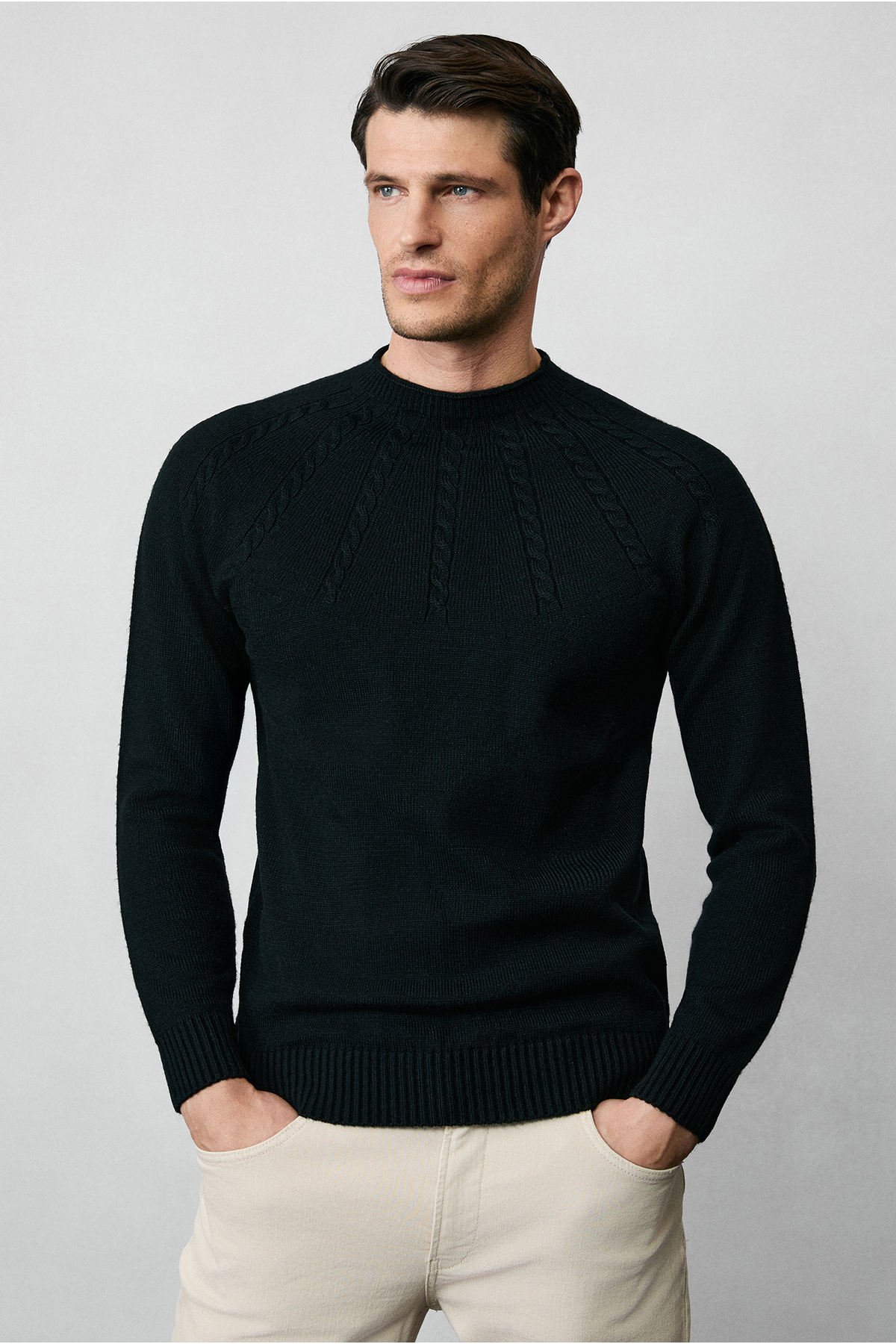 Yarım Balıkçı Yaka Slim Fit Desenli Triko Kazak — مشکی 453034 — تصویر 4 از 7