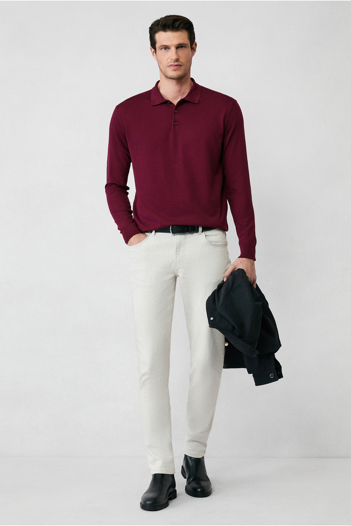 Regular Fit Düğmeli Polo Yaka Triko Kazak — زرشکی KKBSD178DZ001 — تصویر 5 از 7
