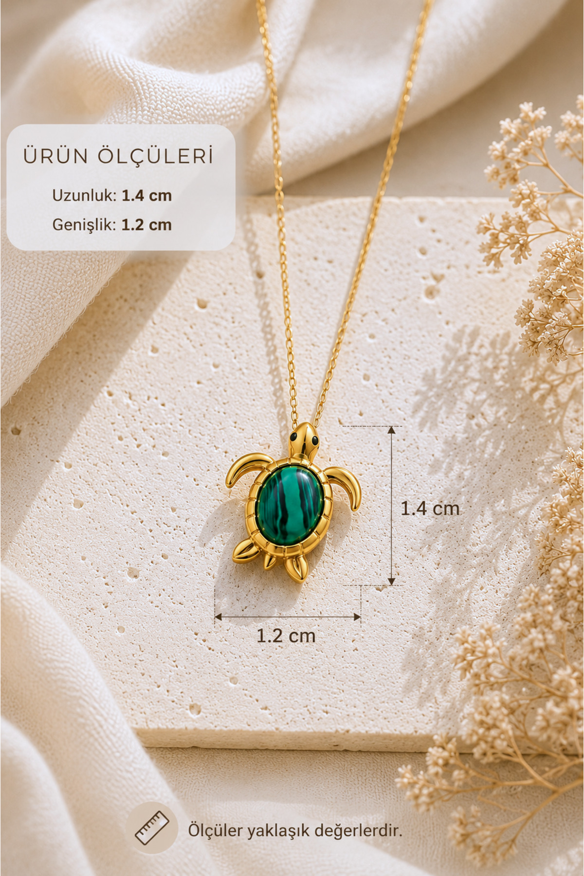 Spossy Silver Jewelry 925 Ayar Gümüş Gold Kaplamalı Yeşil Malakit Taşlı Kaplumbağa Kolye görsel 2