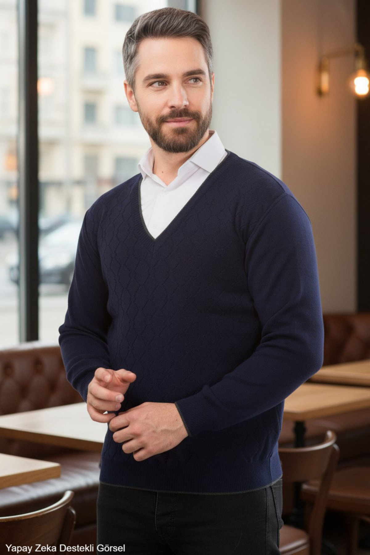 Standart Fit Lacivert Tüylenme Yapmayan Normal Kesim V Yaka Triko Kazak