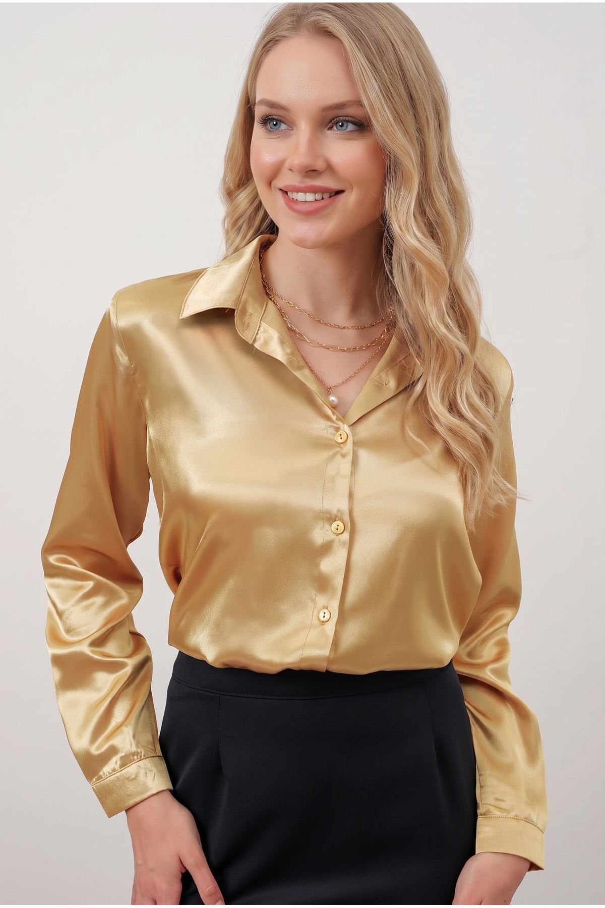 hazelin Kadın Gold Hafif Dökümlü Saten Yüzeyli Gömlek HZL22W-BD139641