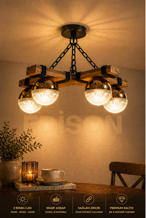 Edison Rustik Ahşap Kirişli 4’lü LED Avize Gold Küre Tasarım 3 Renk Işık Mode...