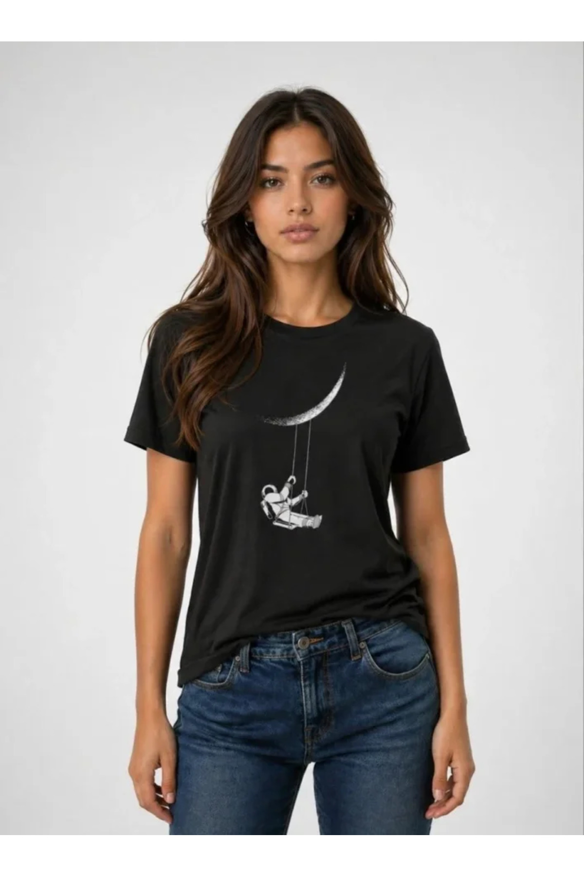 Astronot Ay Temalı Tişört Kısa Kol Yazlık Bisiklet Yaka T-Shirt - Siyah