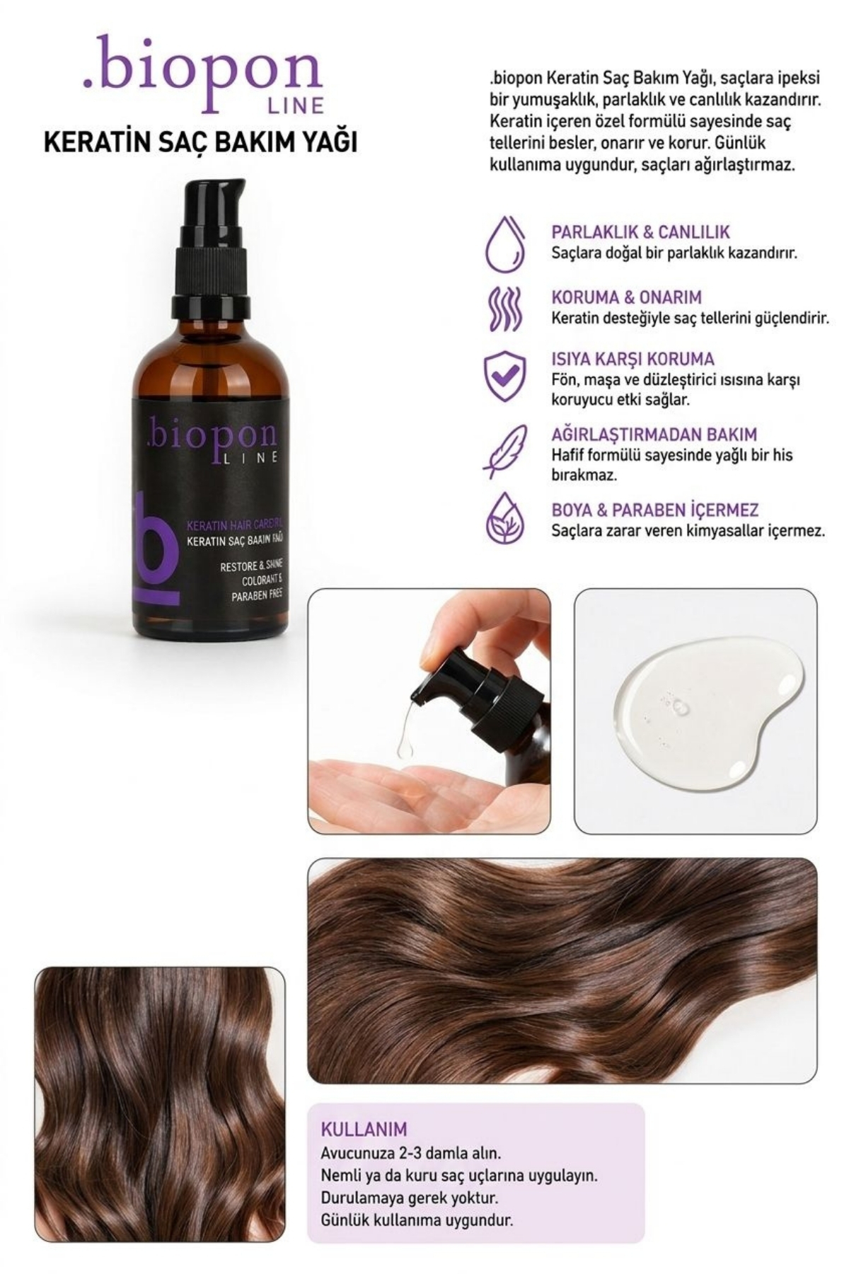Keratin Saç Bakım Yağı 100 ML – Onarıcı, Besleyici, Parlaklık Veren & Isı Koruyucu Profesyonel Saç Serumu — BIOPONSAC — تصویر 3 از 3