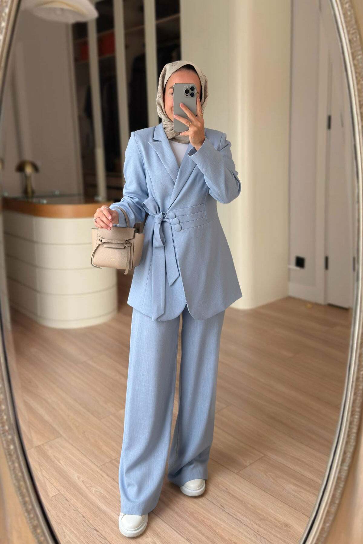 Ka Hijab Waist Detailed Padded Jacket Set - Blue