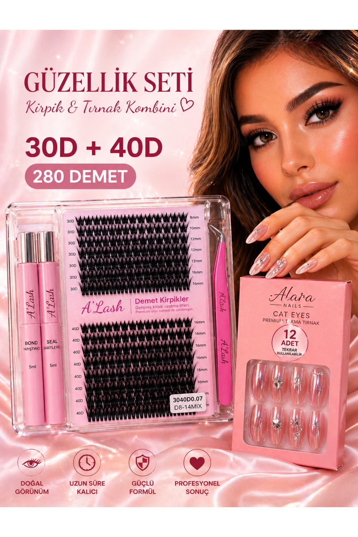 Alara’nın Güzellik Kombini 280 Demet 30D 40D Takma Kirpik Seti + 12’li Cat Eyes Takma Tırnak (Bond & Seal Dahil) Full Set — ALR-GUZ-KONBIN-01 — تصویر 6 از 7