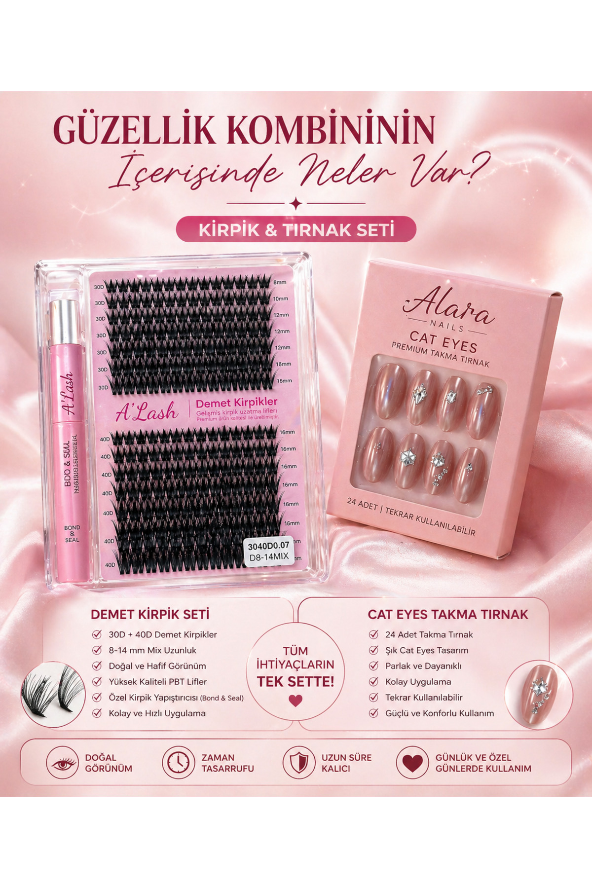 Alara’nın Güzellik Kombini 280 Demet 30D 40D Takma Kirpik Seti + 12’li Cat Eyes Takma Tırnak (Bond & Seal Dahil) Full Set — ALR-GUZ-KONBIN-01 — تصویر 2 از 7