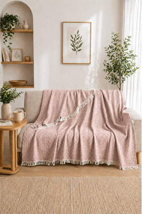 luxeinci Siena Pudra Koltuk Örtüsü Şalı 170x210 cm Saçaklı