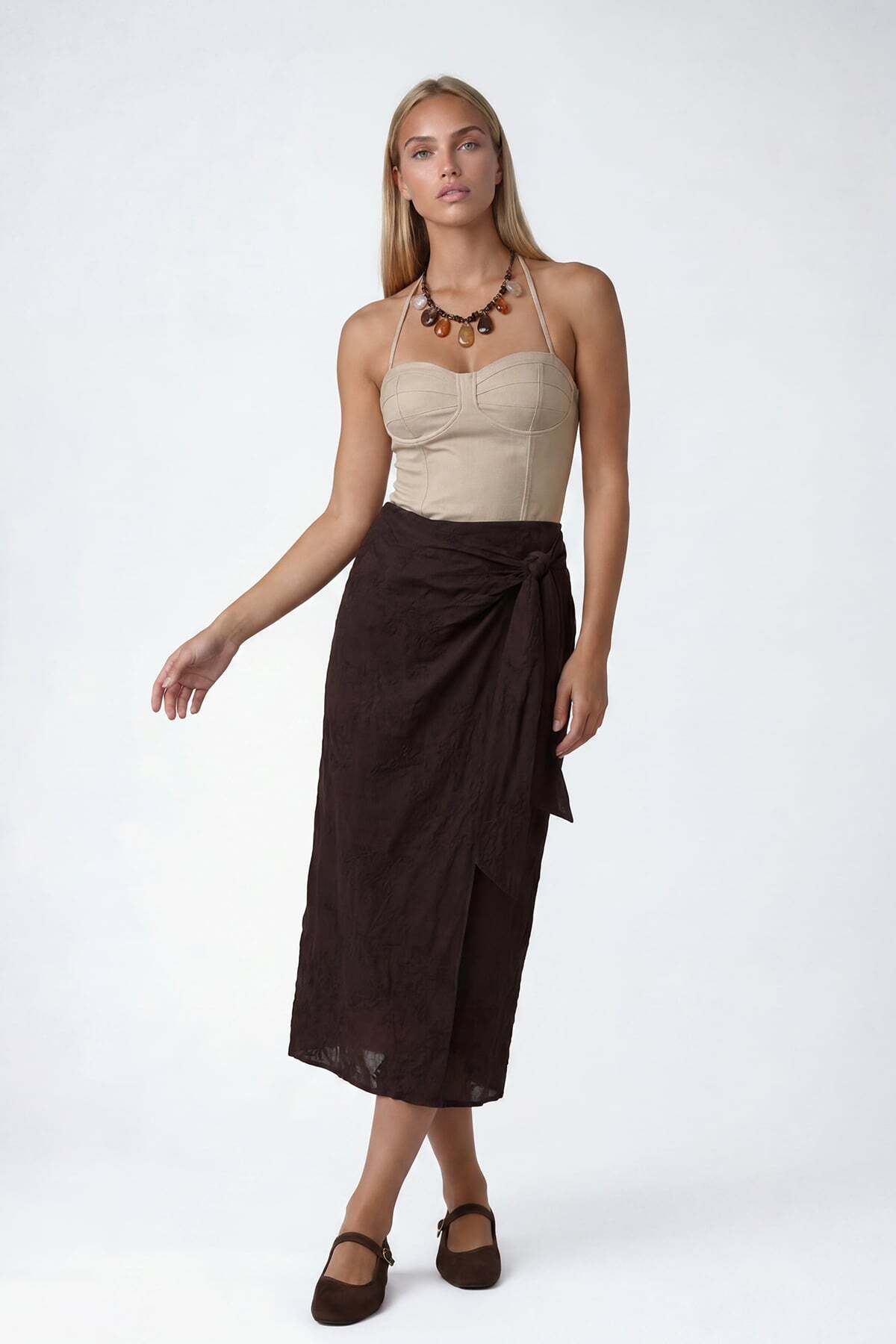 Brown Anvelop Cut Lined Embroidery Detailed Linen Skirt ALC-X15510