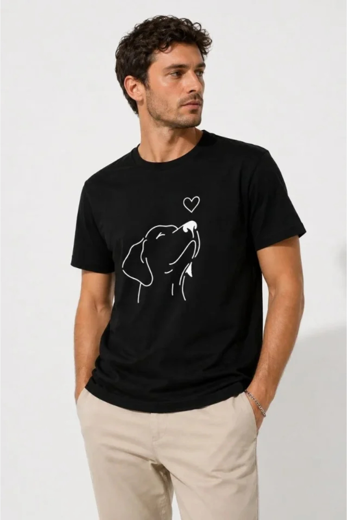 Erkek Köpek Figürlü Minimal Baskılı Tişört Kısa Kol Yazlık T-Shirt - Siyah alternatif görünüm