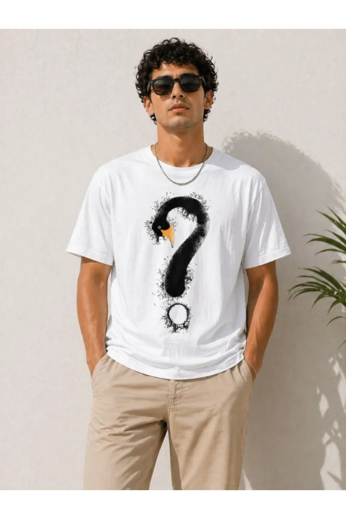 Erkek Kuğu Figürlü Soru İşareti Baskılı Tişört Kısa Kol T-Shirt - Beyaz alternatif görünüm