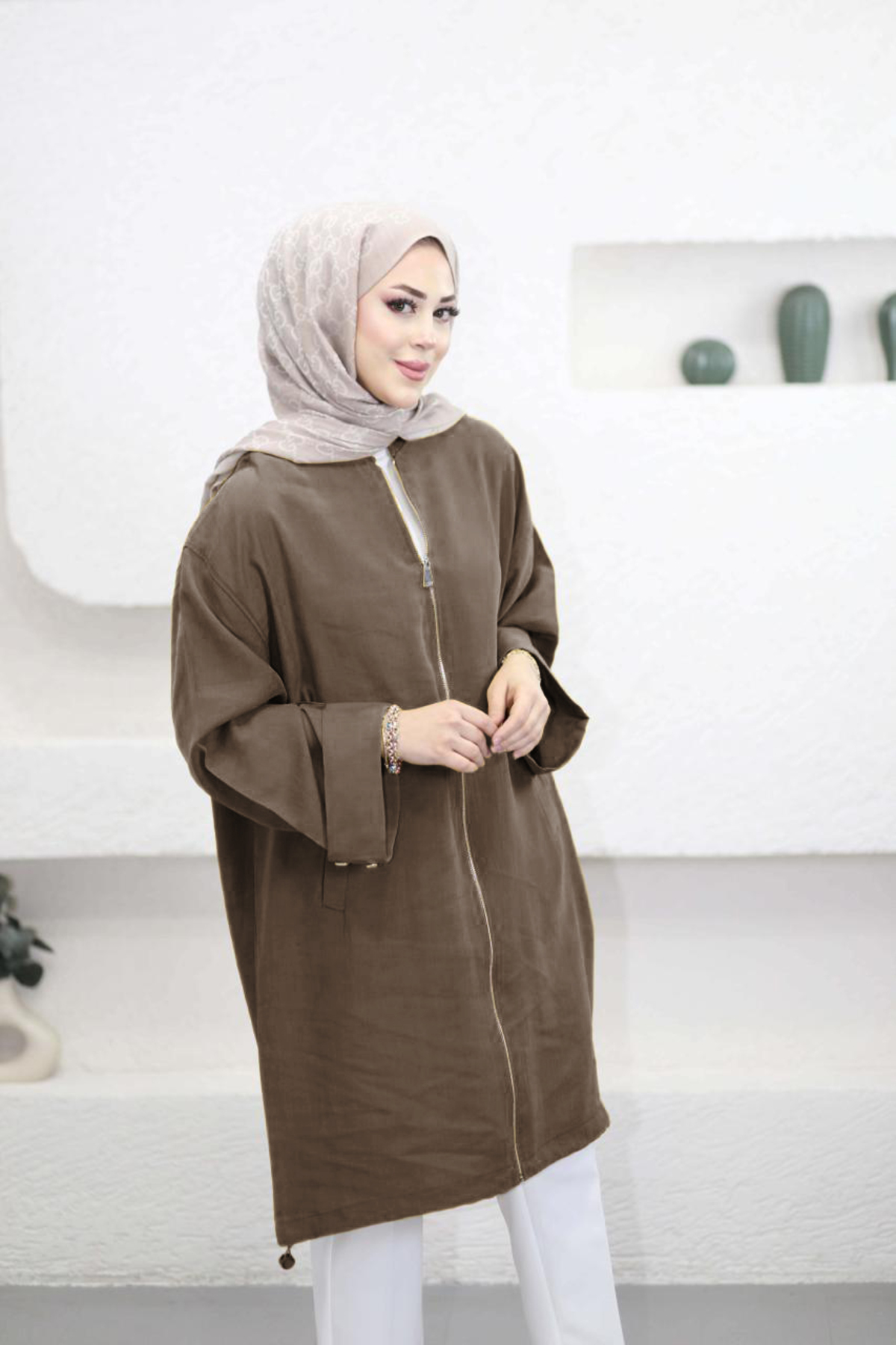 Suede Style 6346 - Rahat Fermuarlı Cepli Kol Düğme Detaylı Uzun Tunik görsel 4