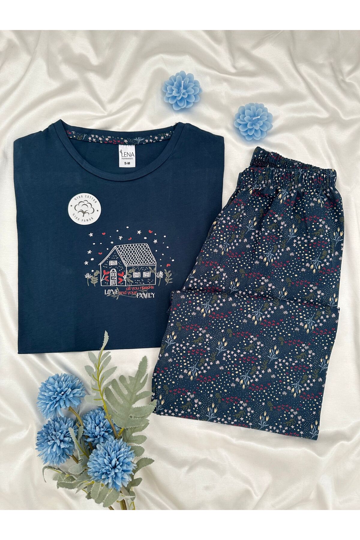 Women's Patterned Cotton Short Sleeve Crew Neck Pajamas Set