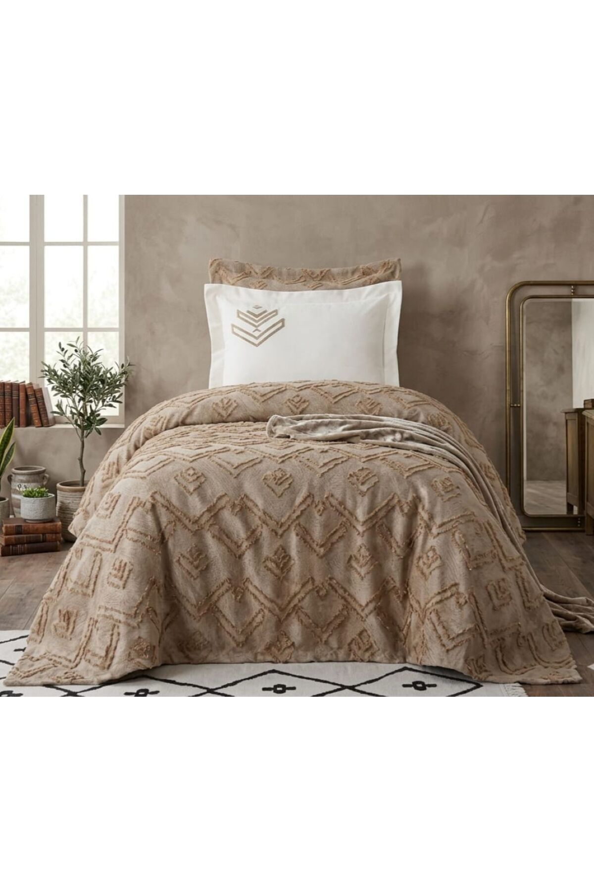 SINGLE 100% COTTON BEDSPREAD SET AZTEC STONE