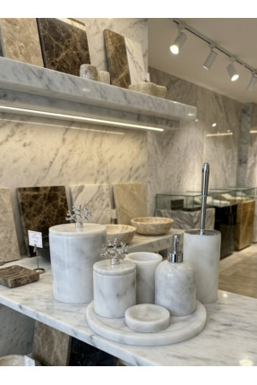 STONİST HOME DEKORASYON premium beyaz mermer banyo seti gümüş mercan aksesuarlı