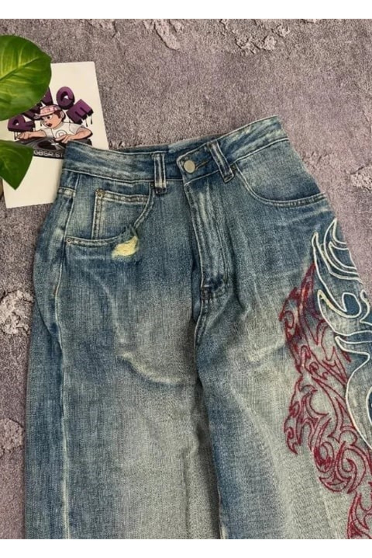 Gofeel Mavi Taşlamalı Vintage Tribal Baskılı Grunge Baggy Unisex Pantolon görsel 4
