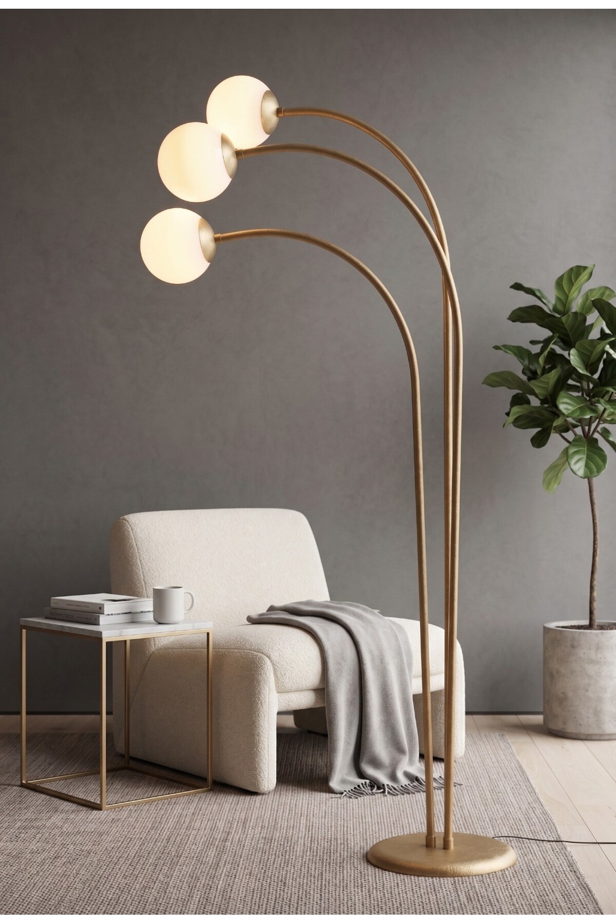 AURİS 3-Piece Curved Modern Antique Metal White Glass Floor Lamp - Decorative Design Corner Lighting