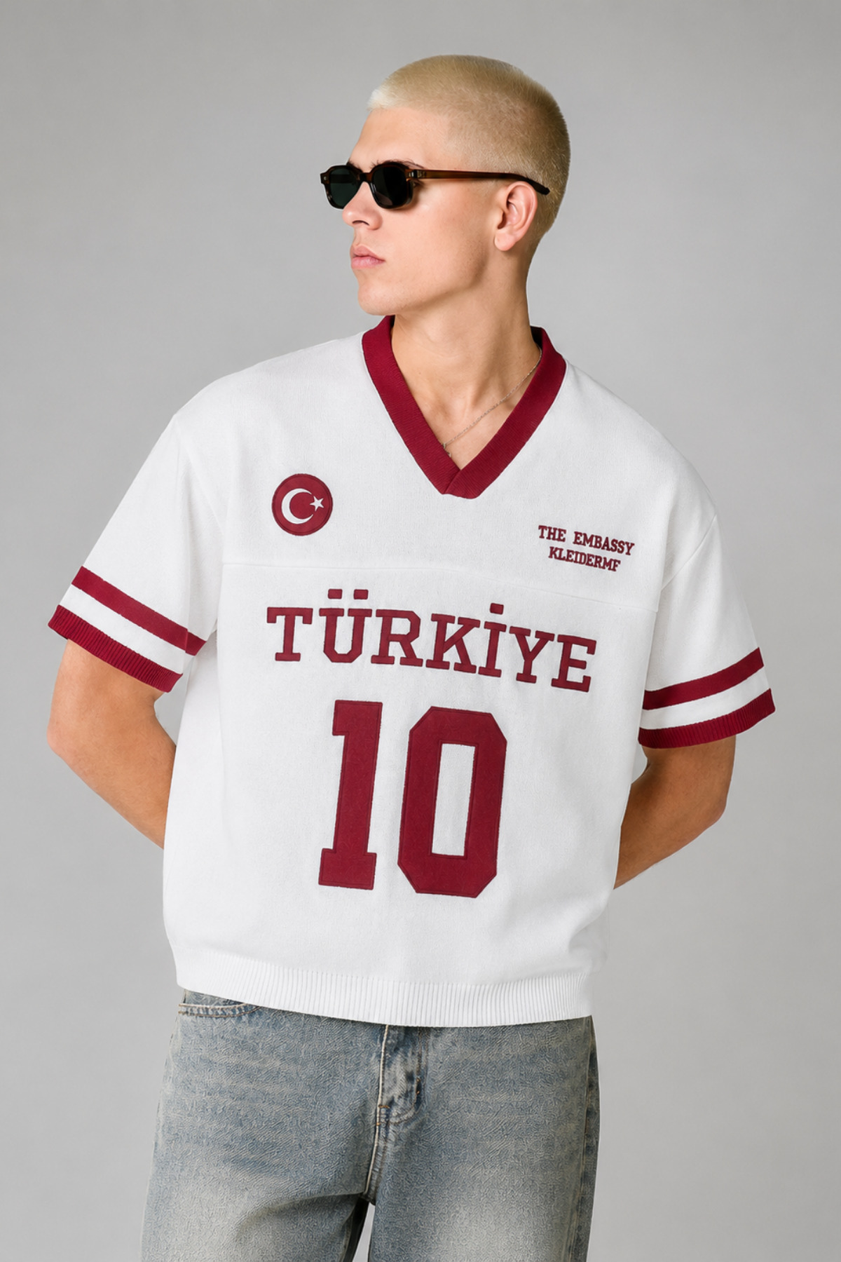 Tarz Cool Erkek Türkiye Nakışlı Oversize V Yaka Triko T-Shirt