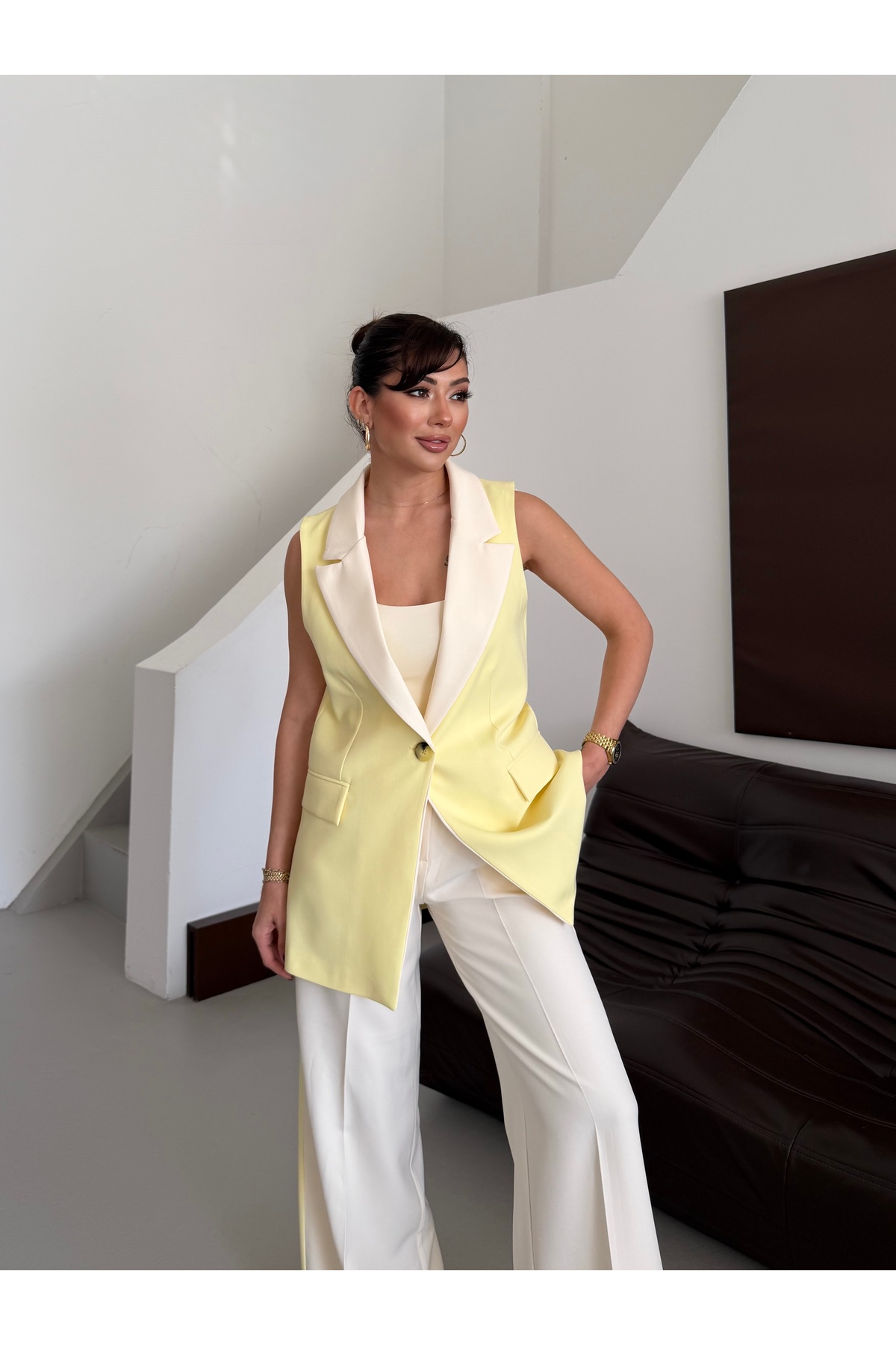 HOEK Women's Cream-Yellow Palazzo Pants Vest Suit
