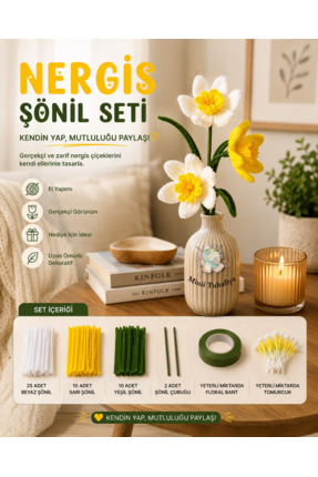 Minii Tuhafiye Nergis Şönil Çiçek Yapım Seti DIY Kendin Yap Dekoratif Çiçek Kiti