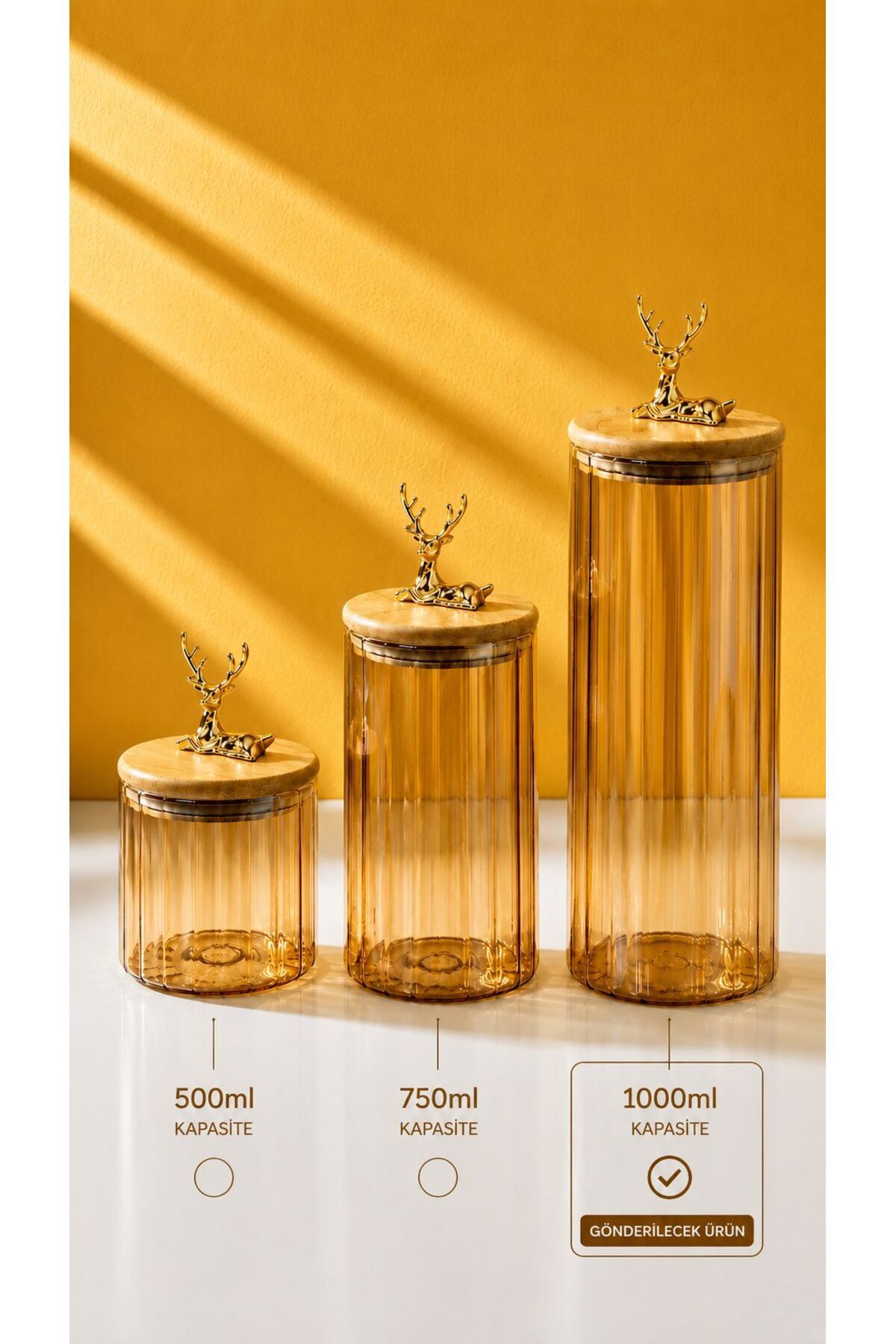Bamboo Gold Deer Lid Amber Color Cylinder Striped Jar | 1000ML - SINGLE (LARGE SIZE)