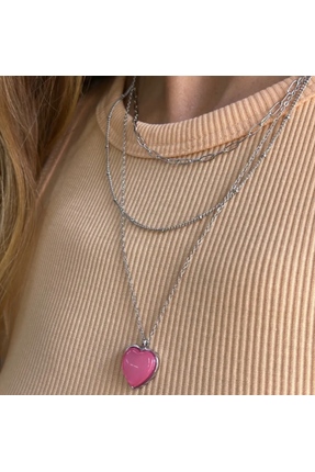 Piamaksesuar Çoklu Pembe Kalp Kolye Çelik