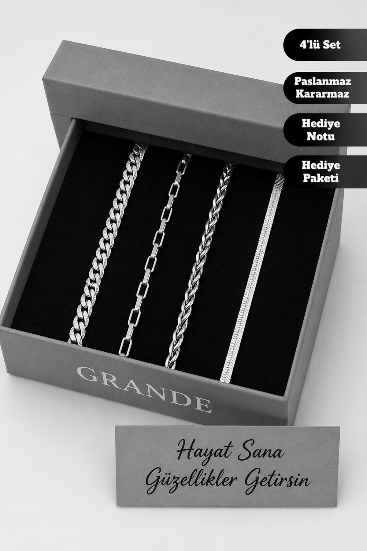 GrandeAccessory Erkek Çelik Bileklik Seti 4’lü, Premium Zincir Bileklik Kombini Paslanmaz Çelik