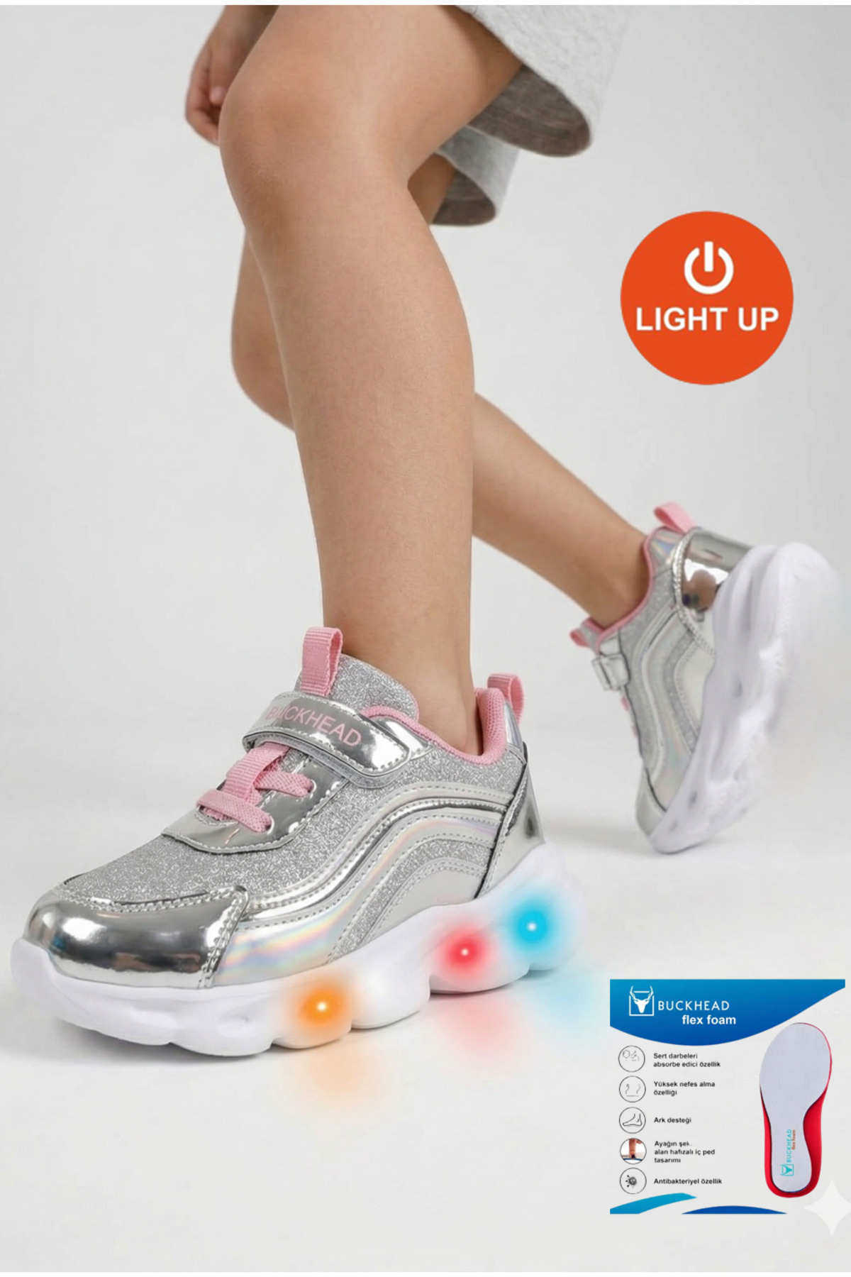 Silver Baby Girl & Kids Sneaker BUCK4430 Glossy Shiny Light Up Casual Sports Shoes