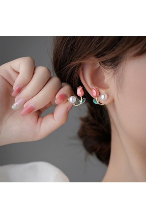 Glamluxe Stil Canlı Pembe Lale Küpe - İncili ve Kristal Detaylı Şık Kadın Takısı