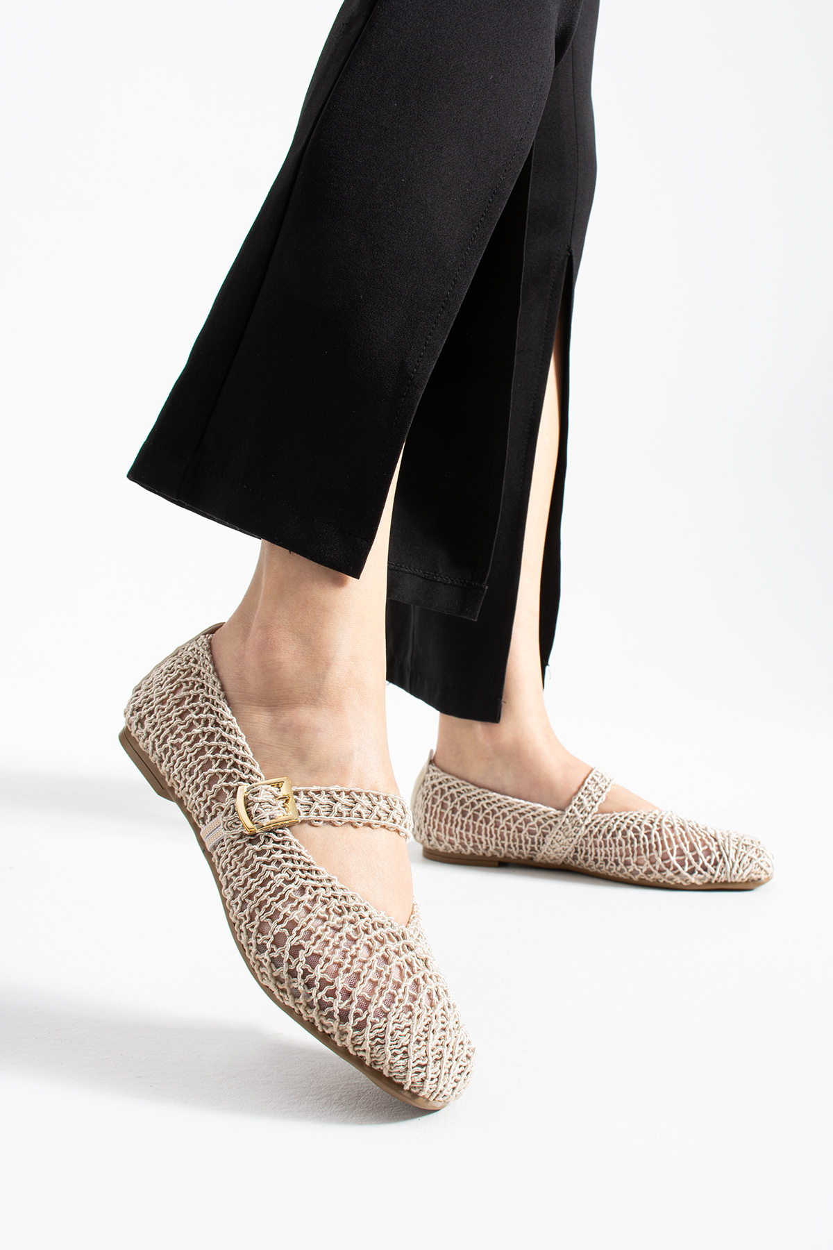star shoes Bej Örgü Kadın Babet Yumuşak Taban Günlük Ayakkabı görsel 3