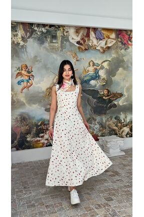 Nida Boutique Askılı Kare Yaka Arka Bağlama Detaylı Çiçekli Midi Boy Double E...