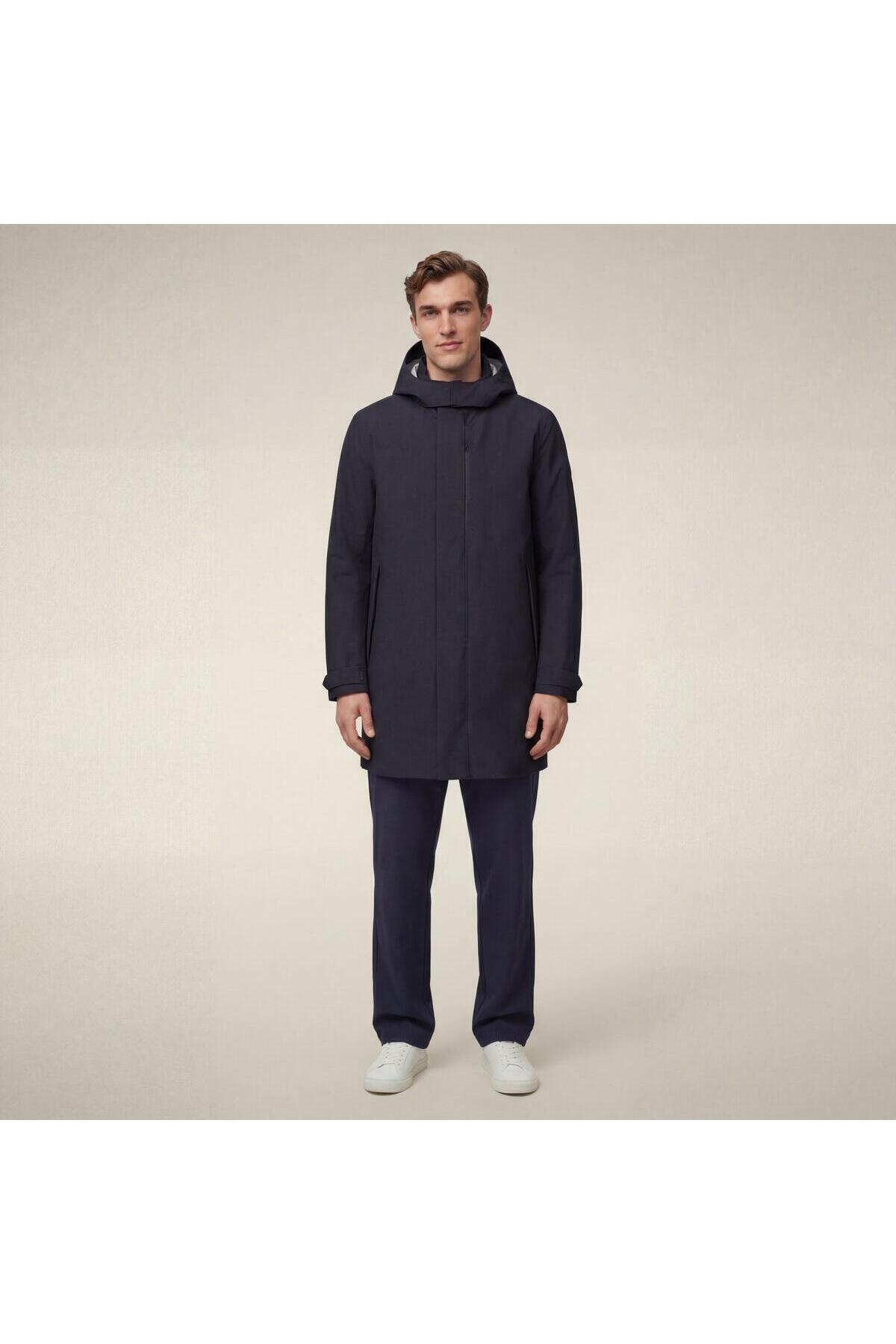 SAVE THE DUCK Battersea Erkek Kapüşonlu Trençkot, Yağmur ve Rüzgar Korumalı, Taşıma Çantalı, Regular Fit, Koyu Lacivert