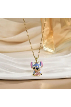 FİAK Stitch Figürlü Zirkon Taşlı 18 Ayar Altın Kaplama Bakır Kolye Şık Hediye...