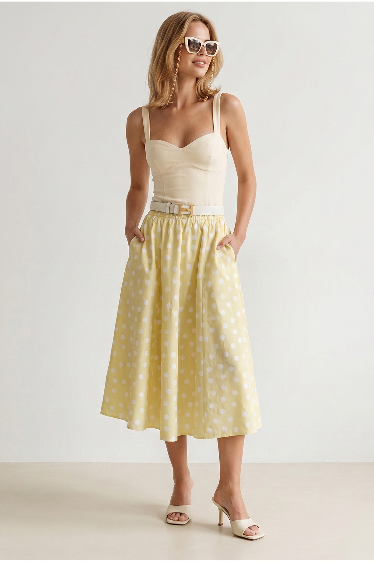 Women's Polka Dot Light Yellow Elastic Waist Parachute Bell Skirt ETK-19000280