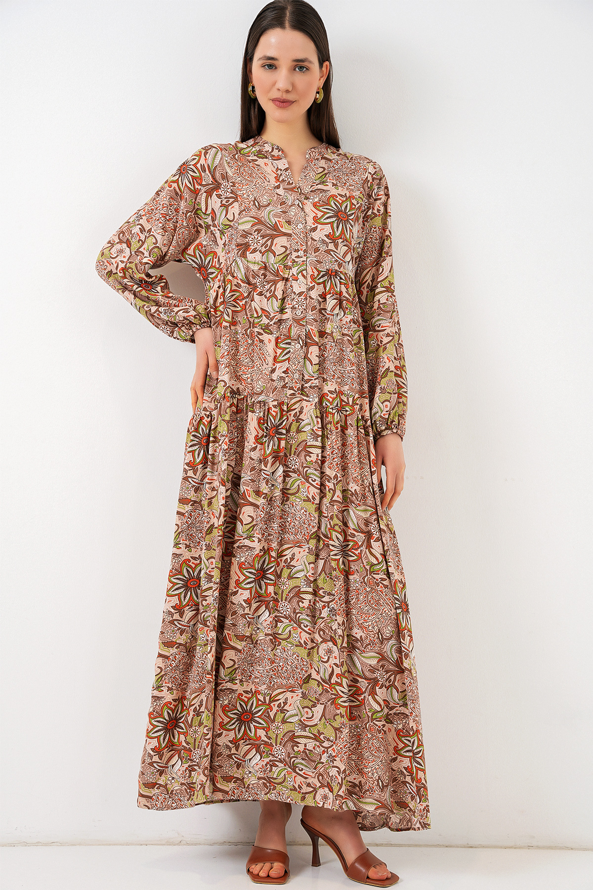 Merterium Women's Patterned Long Hijab Dress 1155 - Milky Brown