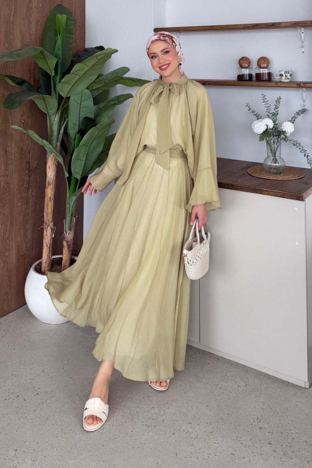 Hazamoda Vuslat Tulle Skirt Set in Olive Green