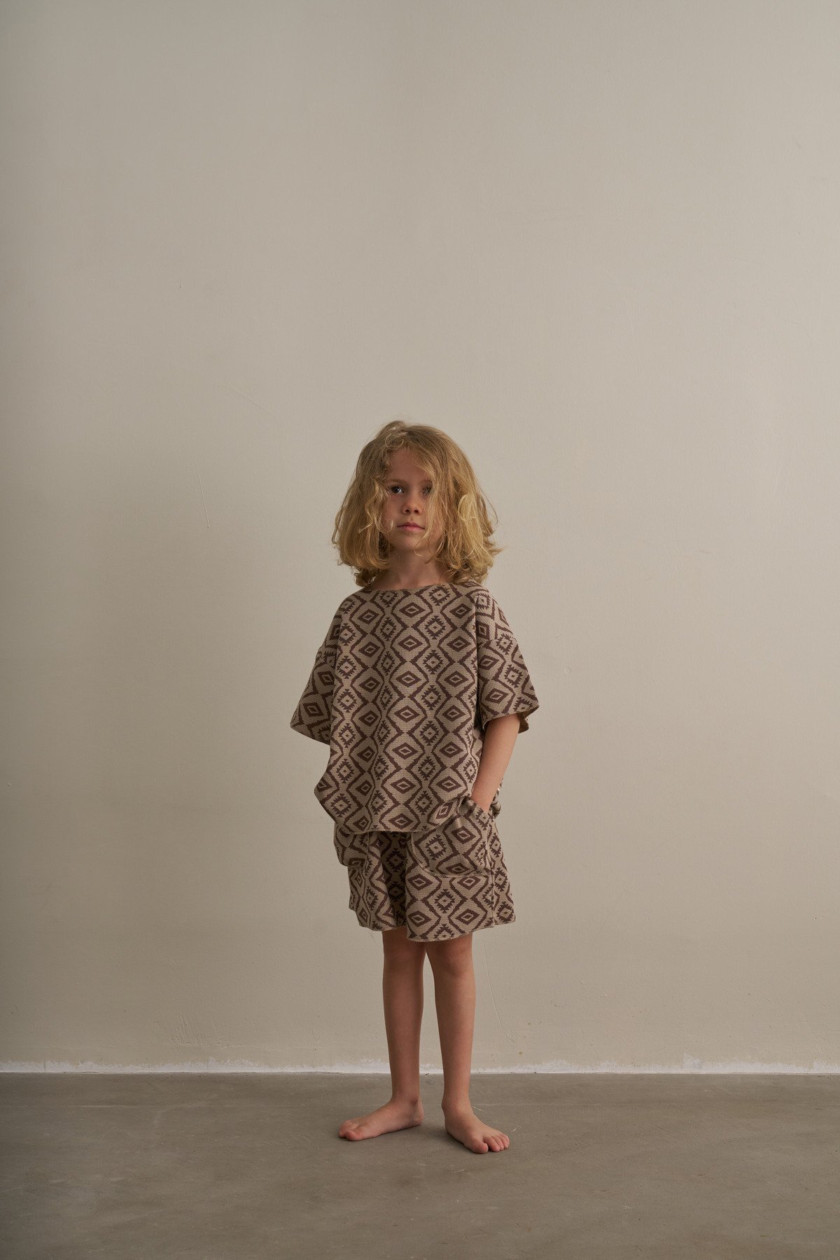 Brown Boho Bloom Series Waffle Shorts Set