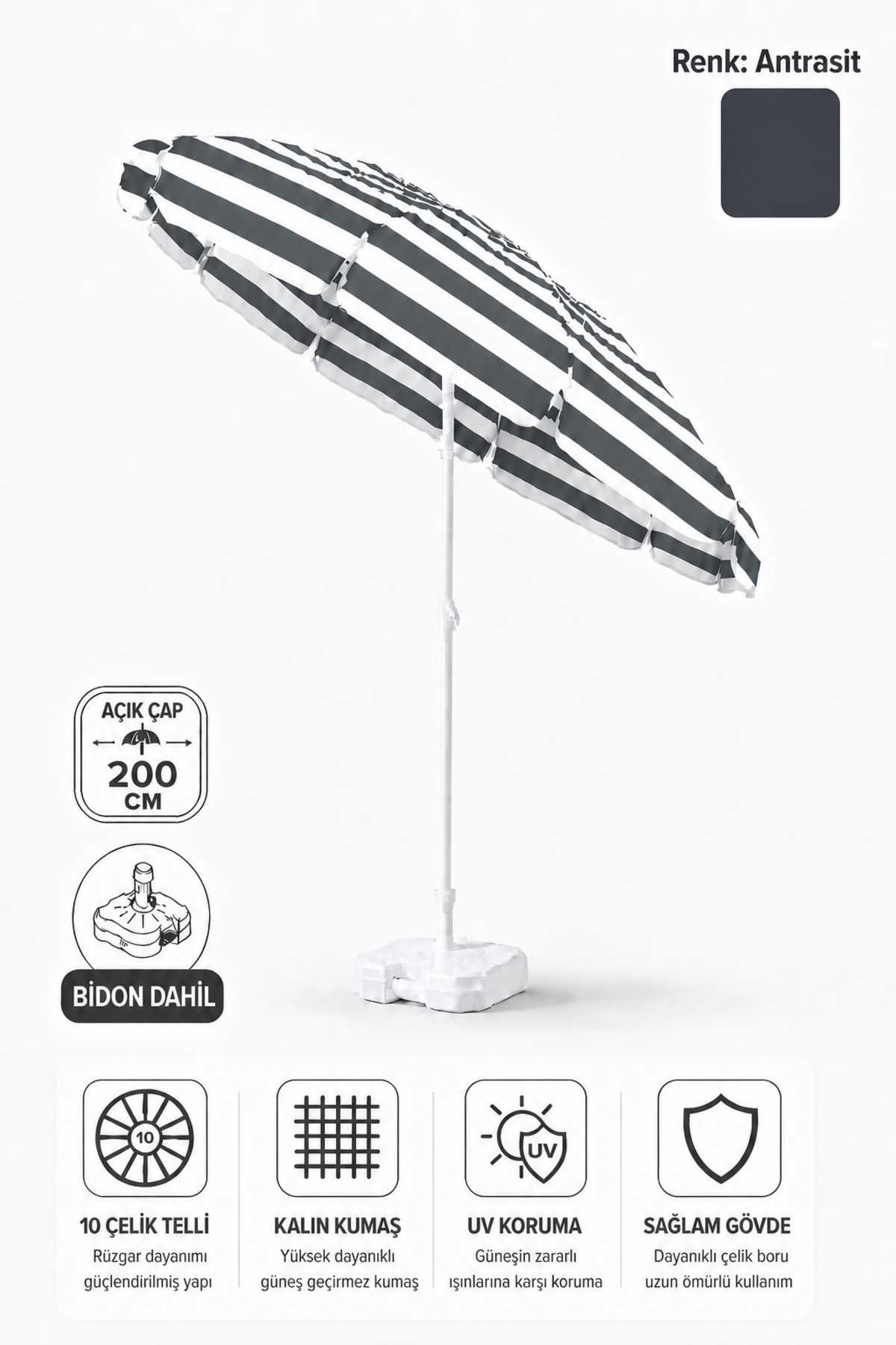 Beach Umbrella Balcony Garden Sun Umbrella 200cm Including Drum 10 Strands UV Protected