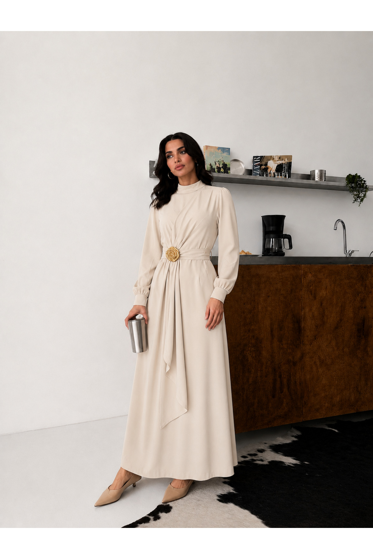 comstar Women's Stylish Premium Cream Long Dress with Waist Detail