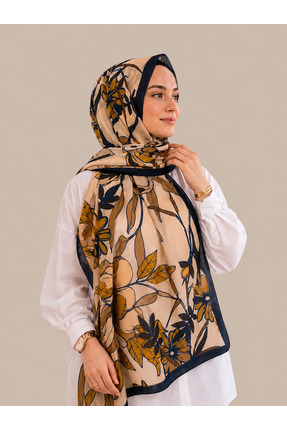 emipek Modal Soft Tesettür Şal 75x185 cm Lacivert-Bej Çiçek Desenli Şal | Lun...