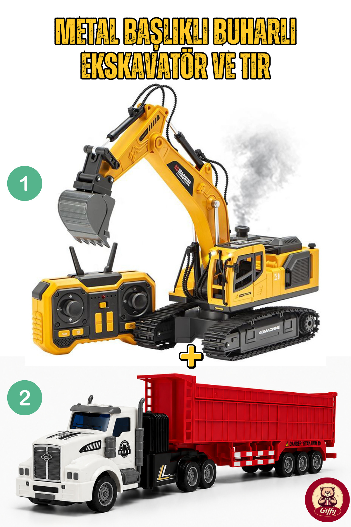 Toy Remote Control Metal Head Steam Excavator and RC Truck Set Rechargeable Full Function Work Machine Toy Set