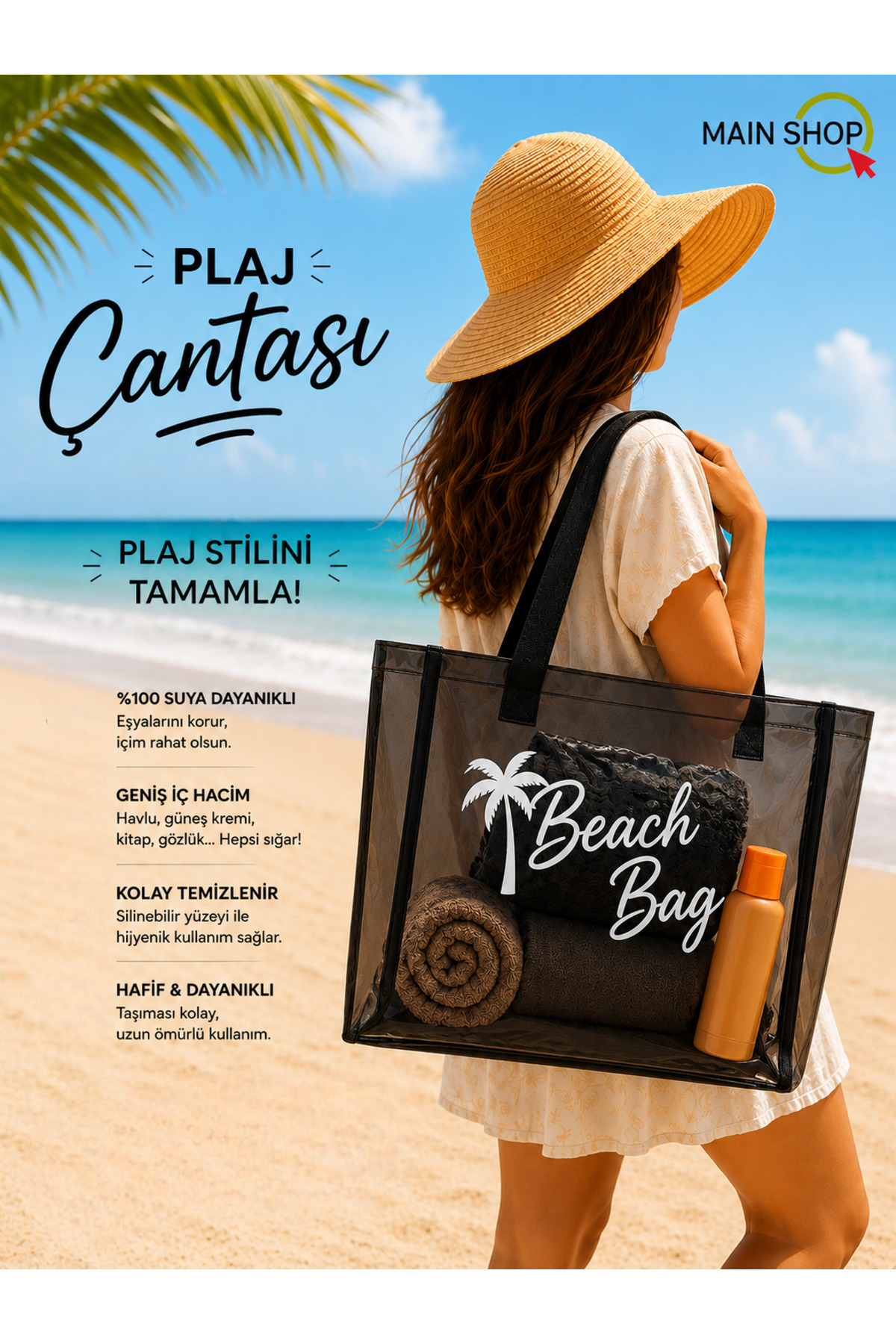 MAİN SHOP Büyük Boy Beach Bag Siyah Şeffaf Deniz Plaj Çantası M-PLJ02