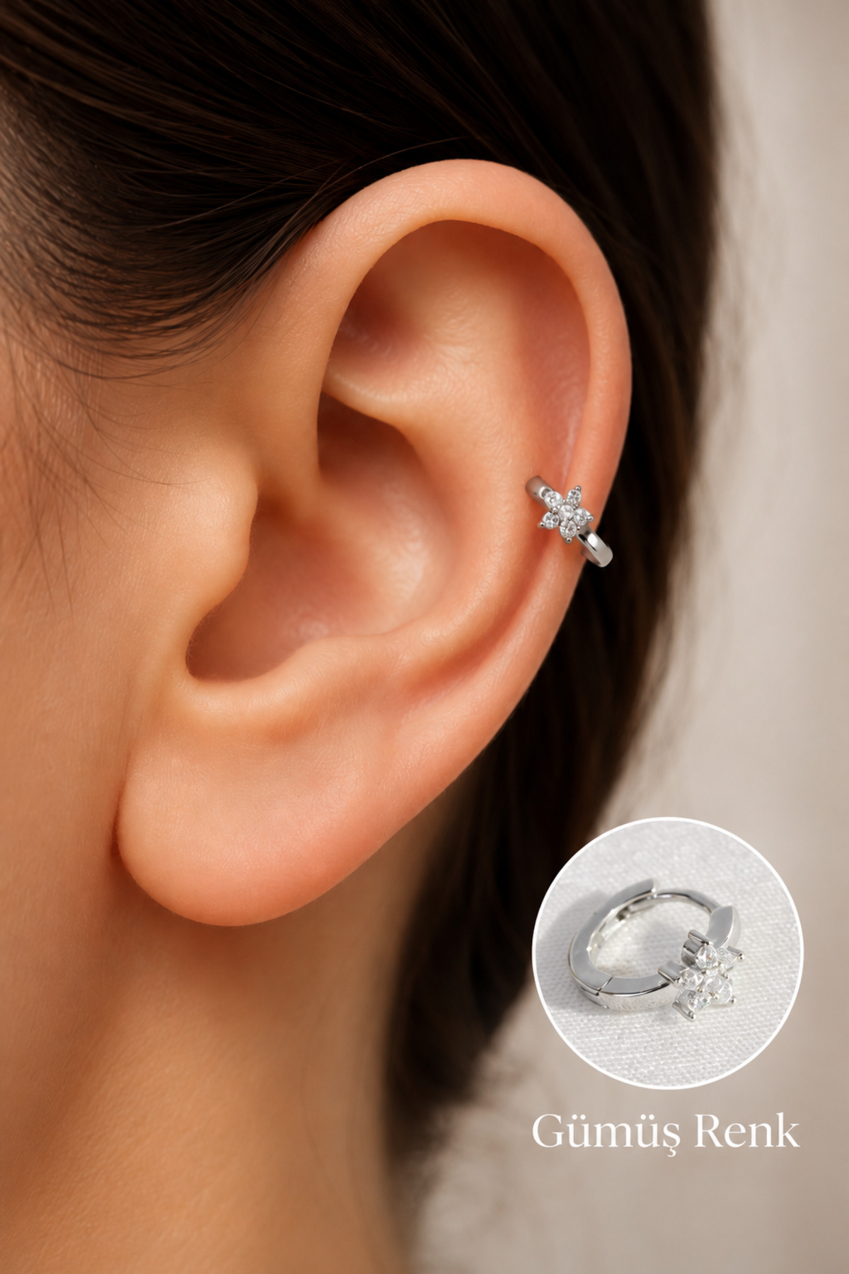 Zircon Stone Flower Helix Piercing Tragus Floral Cartilage Lobe Earring Silver Color One Piece